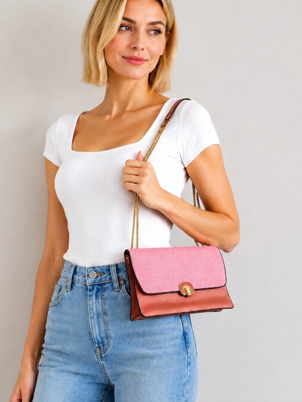 ZTG Pink & White Colorblock Crossbody Shoulder Bag with Gold Chain Strap NWT